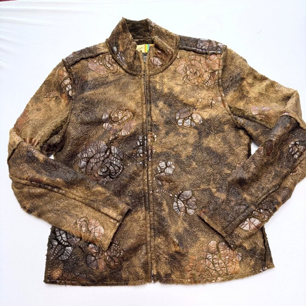True Grit Brown Floral Rose Brown Faux Fur Jacket Size Large - Picture 9 of 14